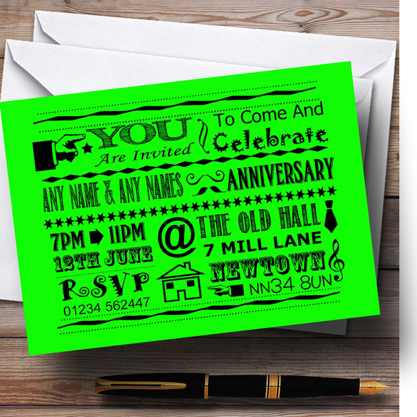 Cool Vintage Fun Chalk Typography Lime Green Personalised Anniversary Party Invitations