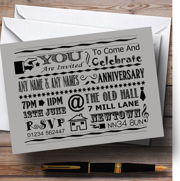 Cool Vintage Fun Chalk Typography Pale Grey Personalised Anniversary Party Invitations