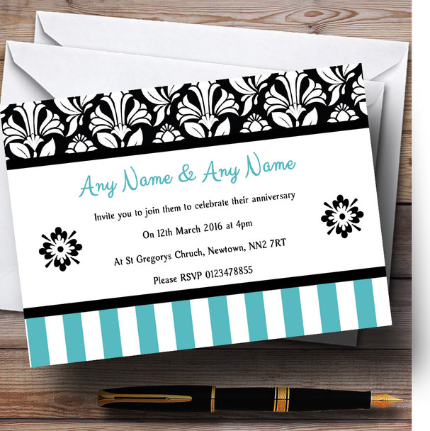 Damask And Aqua Stripes Personalised Anniversary Party Invitations