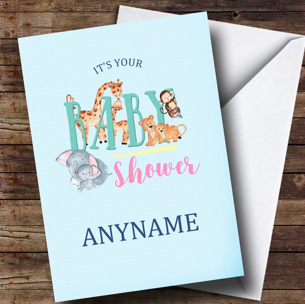 Personalised Baby Zoo Animal Blue Baby Shower Card