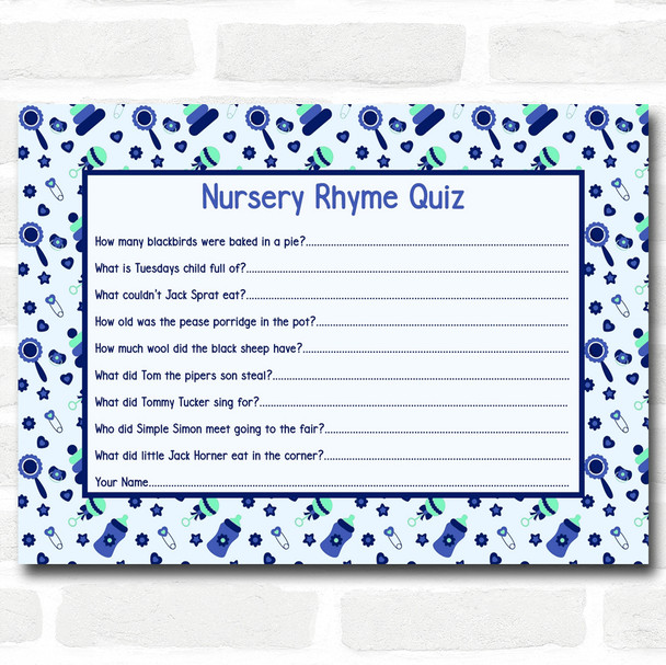 Boys Blue & Green Baby Shower Games Nursery Rhyme Quiz Cards