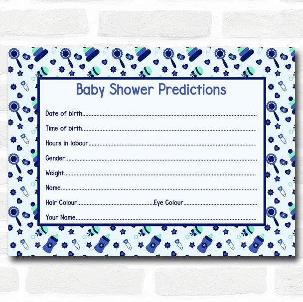 Boys Blue and Green Baby Shower Games Predictions Cards
