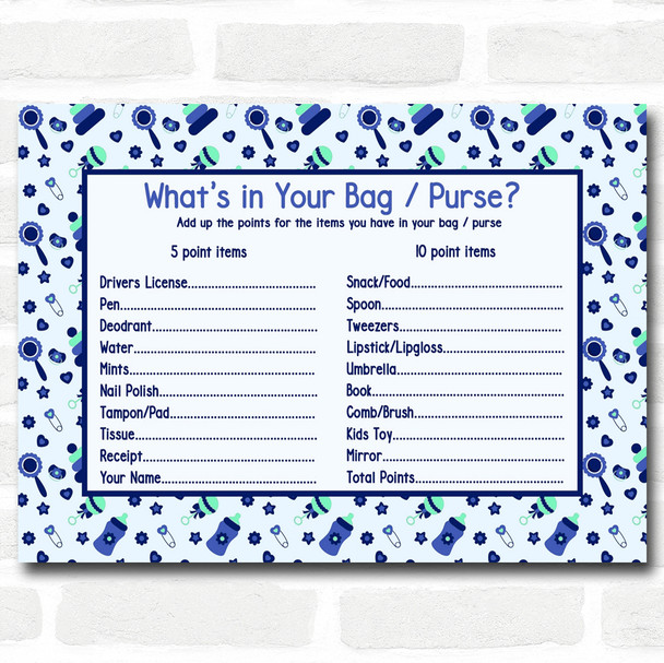 Boys Blue & Green Baby Shower Games Whats in Your Bag Purse Cards