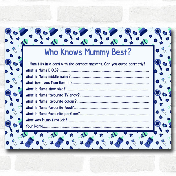 Boys Blue & Green Baby Shower Games Who Knows Mum Best Cards