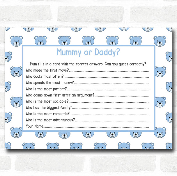 Boys Blue Teddys Baby Shower Games Guess Who Game Cards