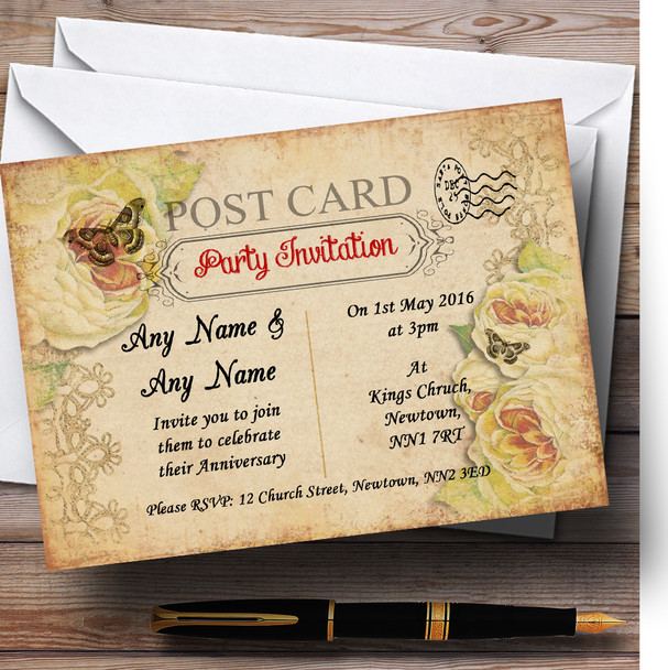 Old Vintage Shabby Chic Postcard Personalised Anniversary Party Invitations