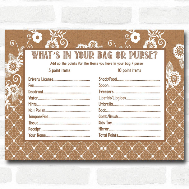 Burlap & Lace Baby Shower Games Whats in Your Bag Purse Cards