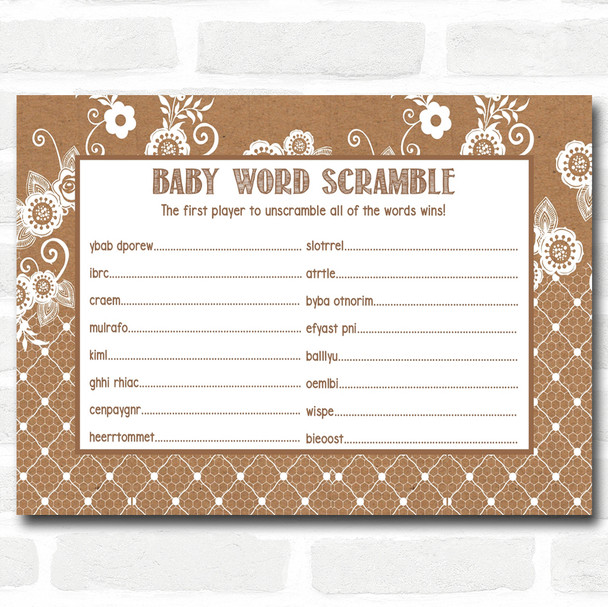 Burlap & Lace Baby Shower Games Word Scramble Cards