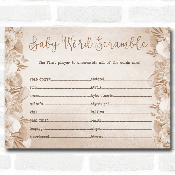 Floral Baby Shower Games Word Scramble Cards