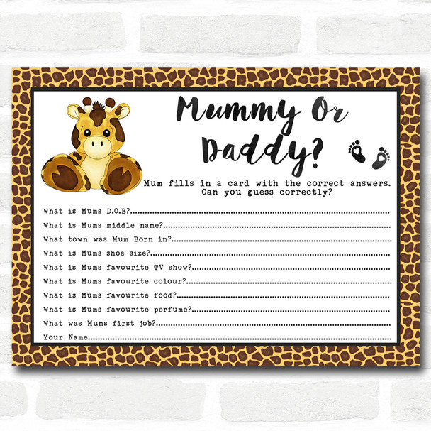 Giraffe Animal Print Baby Shower Games Who Knows Mum Best Cards