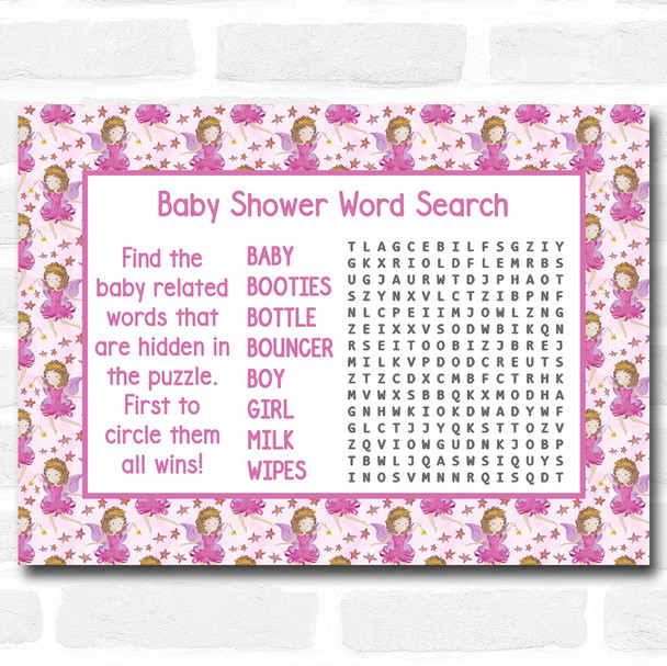 Girl Fairy Baby Shower Games Word Search Cards