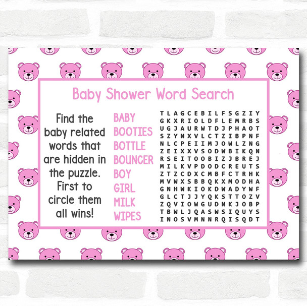 Girls Blue Teddys Baby Shower Games Word Search Cards