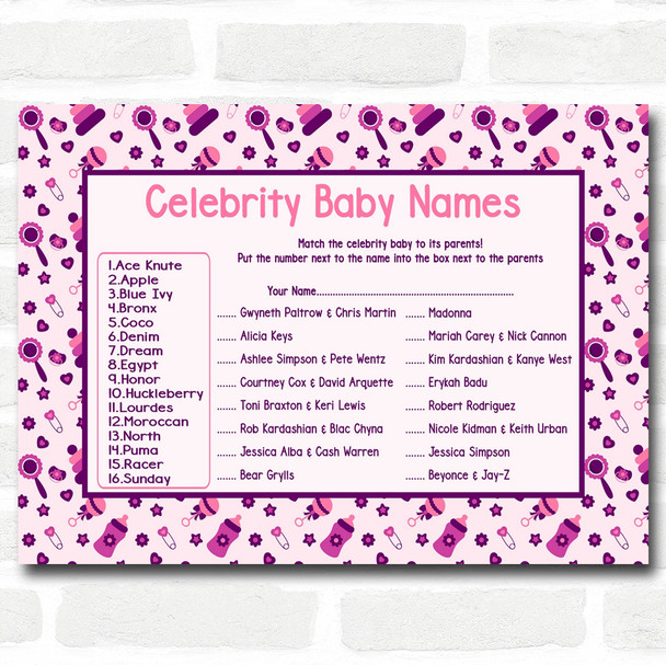 Girls Pink & Purple Baby Shower Games Celebrity Baby Name Cards