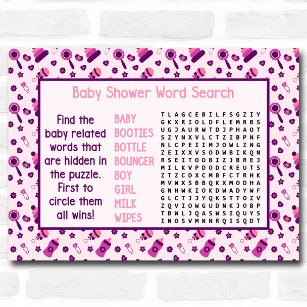 Girls Pink & Purple Baby Shower Games Word Search Cards