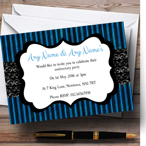 Blue Black Stripes Damask Vintage Personalised Anniversary Party Invitations