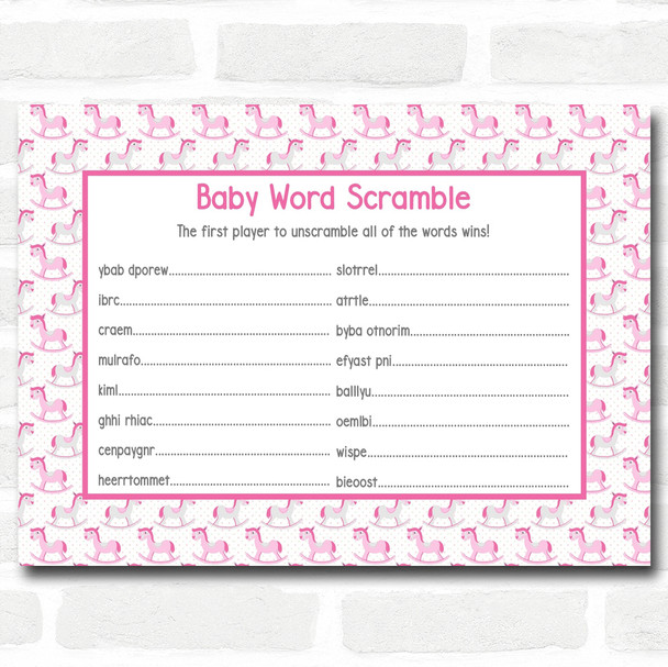 Girls Pink Rocking Horse Baby Shower Games Word Scramble Cards