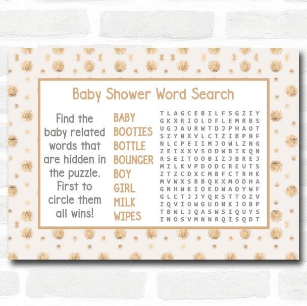Neutral Gold Spots Baby Shower Games Word Search Cards
