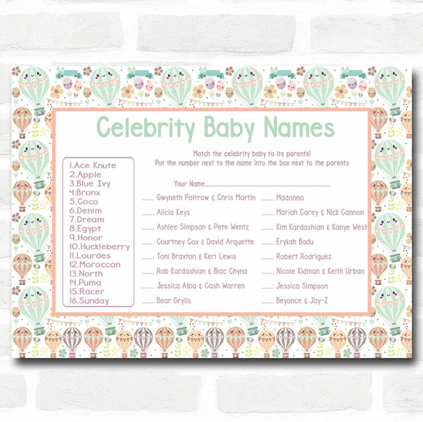 Neutral Hot Air Balloons Baby Shower Games Celebrity Baby Name Cards