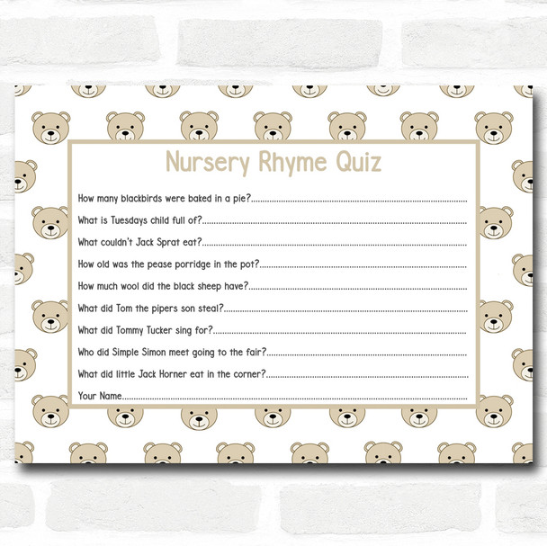 Neutral Teddys Baby Shower Games Nursery Rhyme Quiz Cards