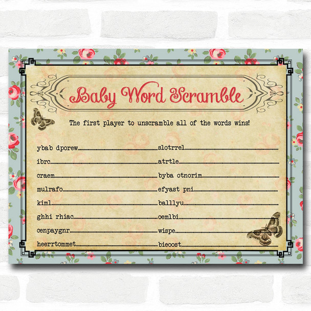 Shabby Chic Tea Party Baby Shower Games Word Scramble Cards