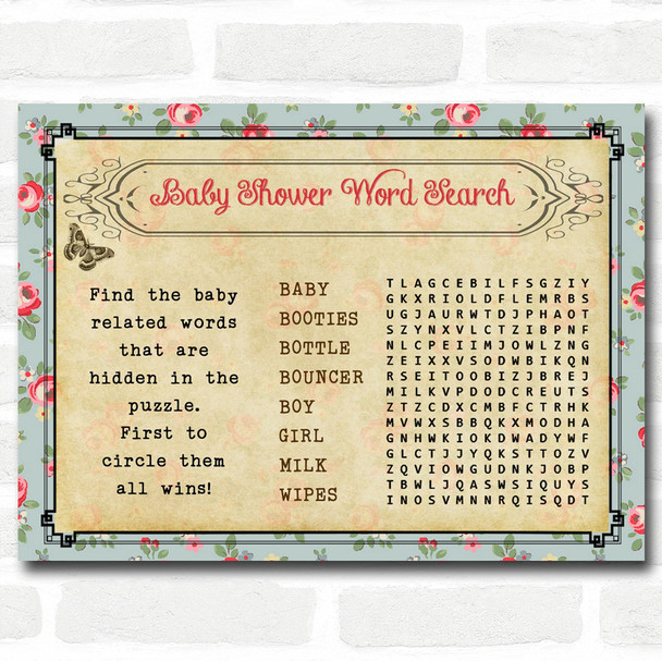 Shabby Chic Tea Party Baby Shower Games Word Search Cards