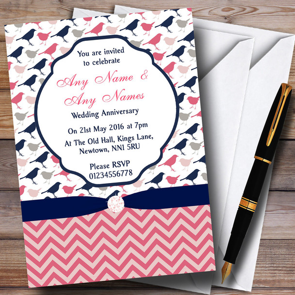 Coral Pink & Navy Blue Shabby Chic Birds Personalised Anniversary Party Invitations