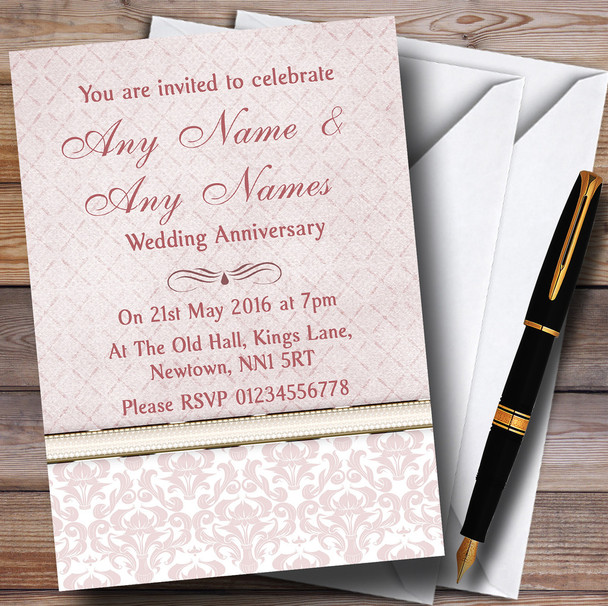 Dusky Rose Pink Damask Vintage Pearl Personalised Anniversary Party Invitations