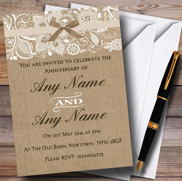 Vintage Burlap & Lace Personalised Anniversary Party Invitations