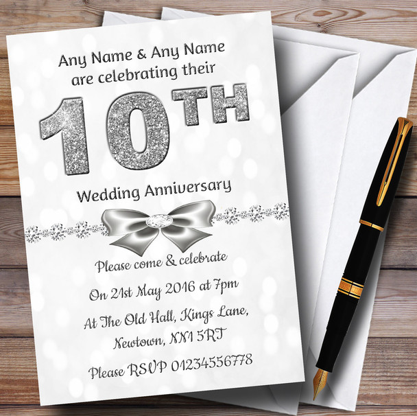 White Bokeh & Silver Glitter Look 10Th Personalised Anniversary Party Invitations