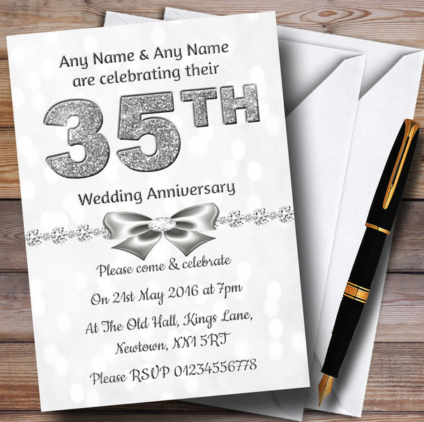 White Bokeh & Silver Glitter Look 35Th Personalised Anniversary Party Invitations