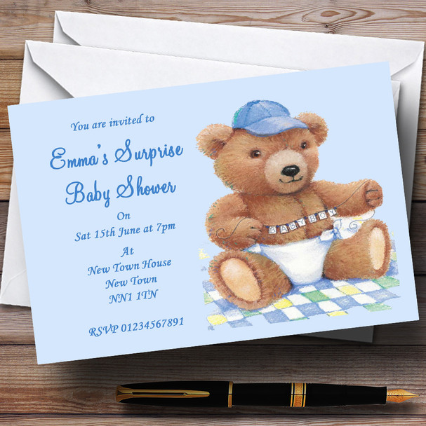 Blue Baby Boy Teddy Surprise Baby Shower Personalised Party Invitations