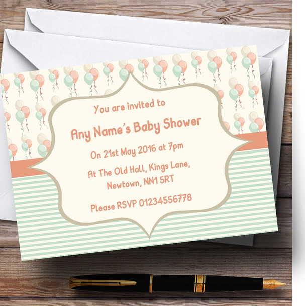 Coral Mint Green Balloons Baby Shower Party Personalised Invitations