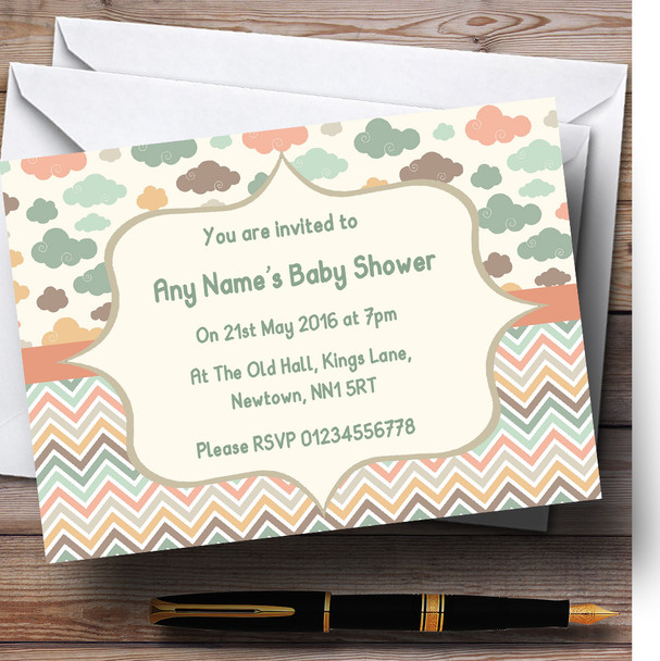 Coral Mint Green Clouds Baby Shower Party Personalised Invitations