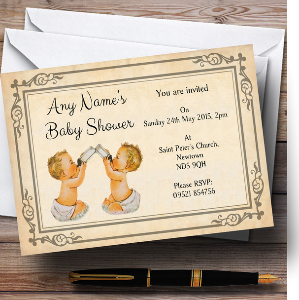 Vintage Twins Baby Shower Personalised Invitations