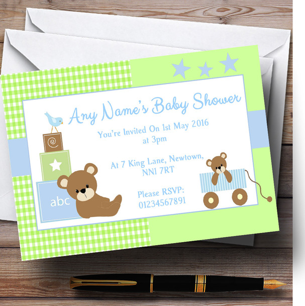 Blue Green Teddy Bears Personalised Baby Shower Invitations