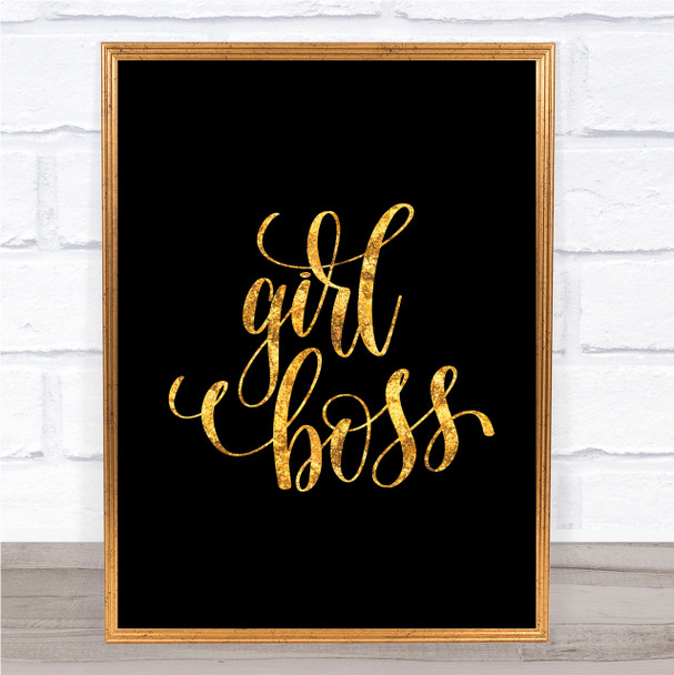Girl Boss Swirl Quote Print Black & Gold Wall Art Picture
