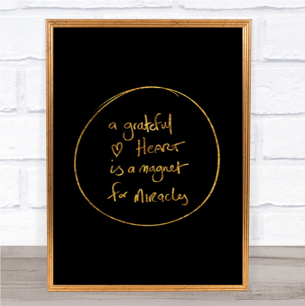 Grateful Heart Quote Print Black & Gold Wall Art Picture