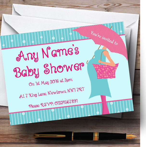 Pregnant Lady And Umbrella Personalised Baby Shower Invitations