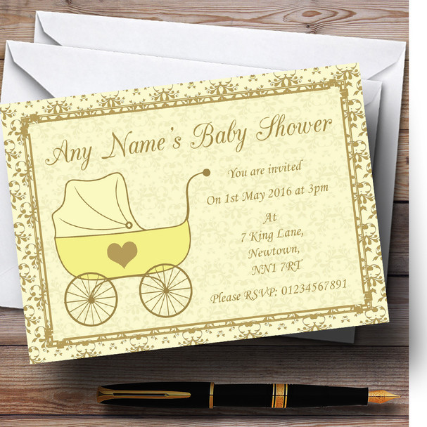 Unisex Yellow Pram Personalised Baby Shower Invitations