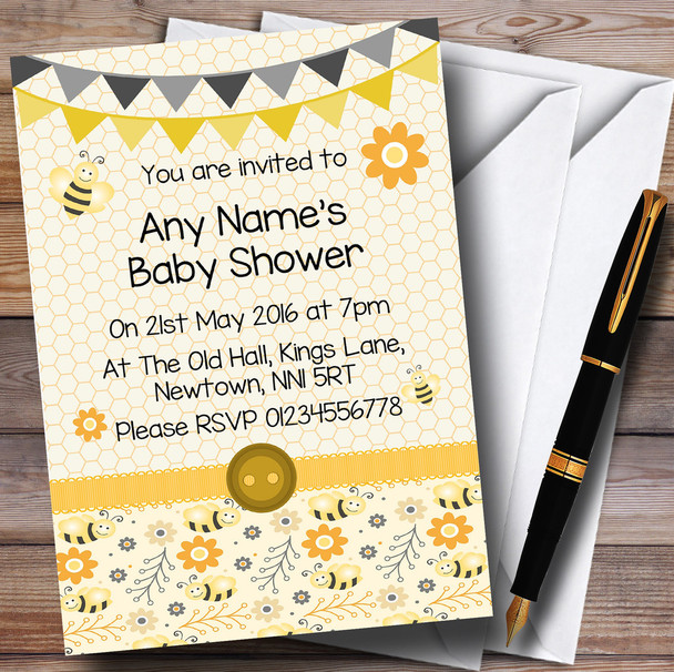 Yellow And Black Cute Bumble Bee Honeycomb Baby Shower Party Personalised Invitations