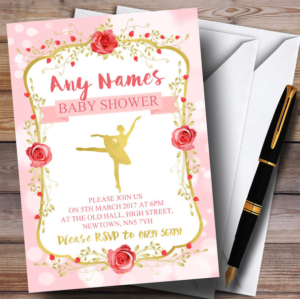 Pink Gold Ballerina Ballet Invitations Baby Shower Invitations