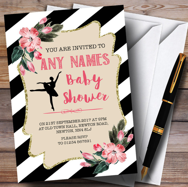 Black & White Floral Ballerina Ballet Invitations Baby Shower Invitations