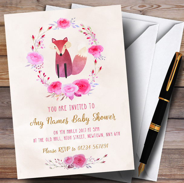 Pink Watercolour Fox Girls Invitations Baby Shower Invitations