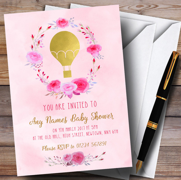 Pink Watercolour Hot Air Balloon Invitations Baby Shower Invitations