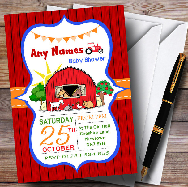 Red Orange & Blue Farm Animals Tractor Invitations Baby Shower Invitations
