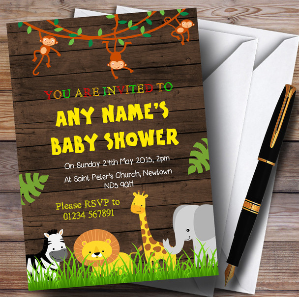 Any Age Wood Jungle Animals Invitations Baby Shower Invitations