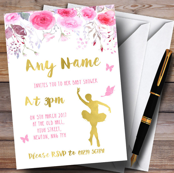 Watercolour Pink Gold Floral Ballerina Invitations Baby Shower Invitations