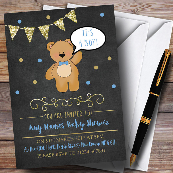 Chalk Gold Boys Teddy Bear Invitations Baby Shower Invitations