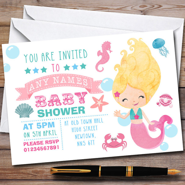 Cute Little Mermaid Themed Invitations Baby Shower Invitations