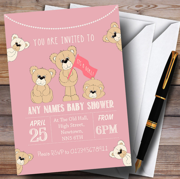 Cute Teddy Bears Pink Invitations Baby Shower Invitations